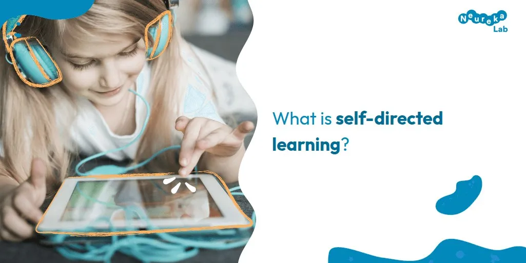 Girl with headphones tapping a tablet; question: what is self-directed learning?