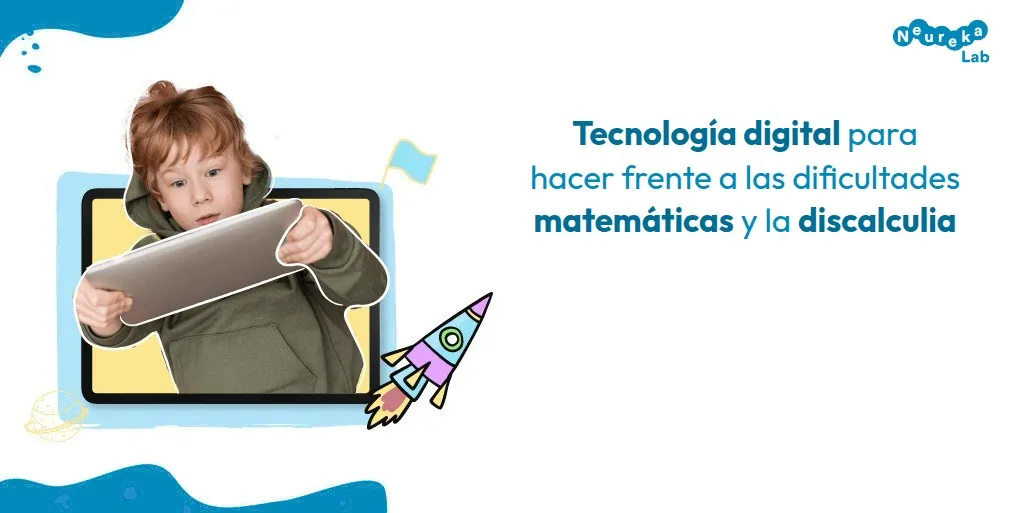 Niño sorprendido jugando con una tableta; título: tecnología digital para hacer frente a las dificultades matemáticas y la discalculia