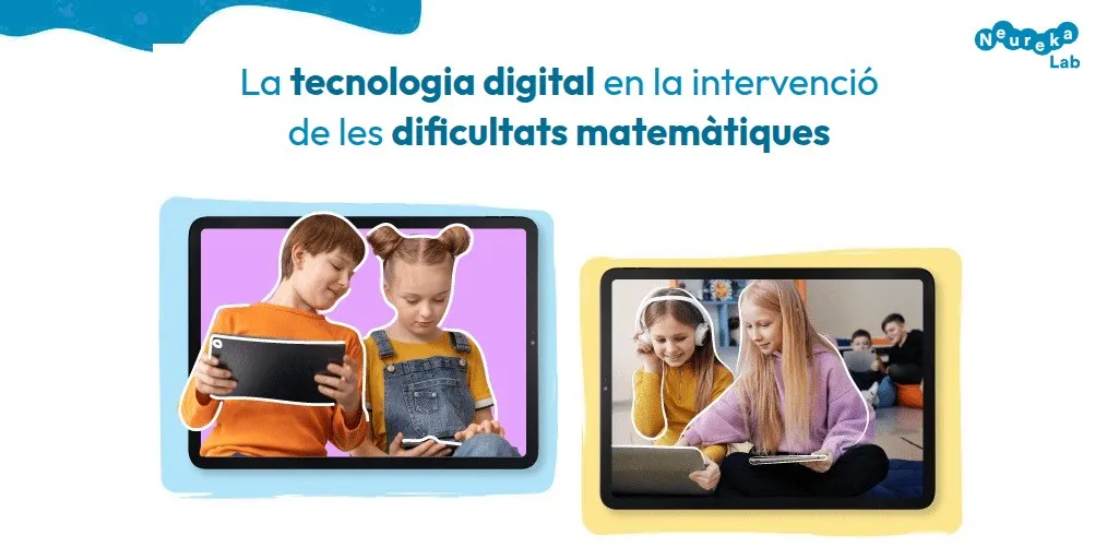 Nens i nenes utilitzant tauletes; títol sobre la tecnologia digital en la intervenció de les dificultats matemàtiques