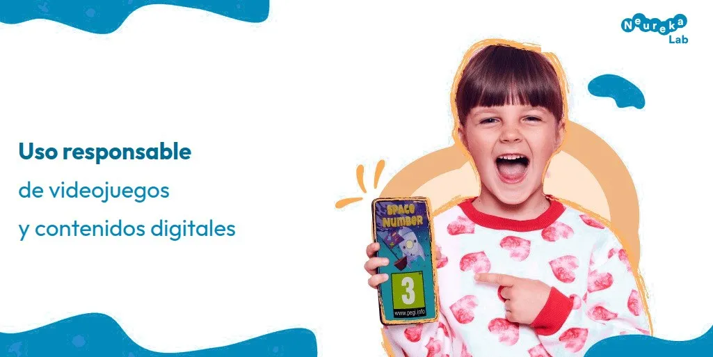 Niño sonriente señalando un móvil con un juego PEGI 3; título sobre el uso responsable de videojuegos y contenidos digitales