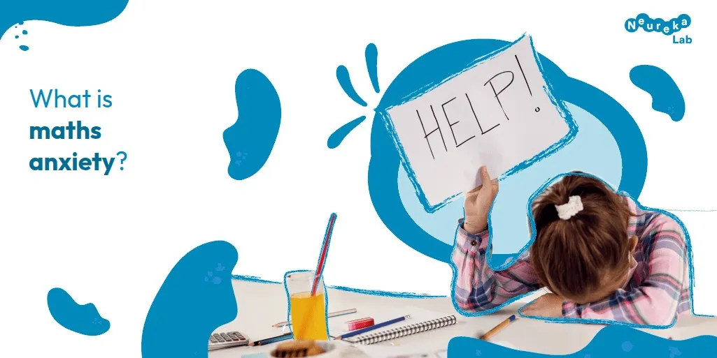 Girl slumped over her desk holding up a “HELP!” sign; what maths anxiety is.