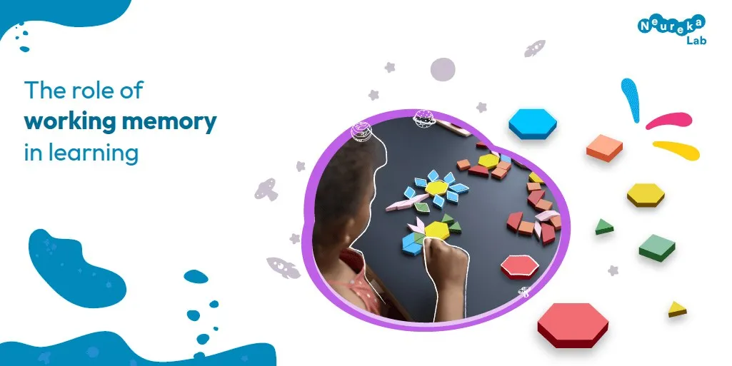 Child playing with colourful geometric blocks; title on the role of working memory in learning